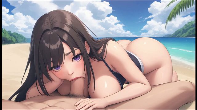 AI Generated - Wet Dark Hair Beach Waifu POV Sloppy BJ Huge Natural Tits